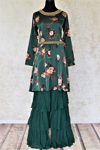 Buy dark green floral hand embroidered silk sharara suit online in USA. Elevate your ethnic style on weddings and festive occasions with stunning designer Anarkali suits, sharara suits, palazzo suits, salwar suits from Pure Elegance Indian fashion boutique in USA.-full view