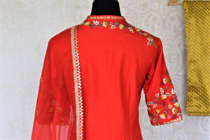 Buy elegant red embroidered silk suit online in USA with mustard pants and matching red dupatta. Elevate your ethnic style on weddings and festive occasions with stunning designer Anarkali suits, sharara suits, palazzo suits, salwar suits from Pure Elegance Indian fashion boutique in USA.-back