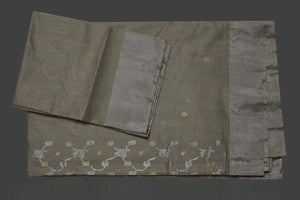 Shop attractive light grey Chanderi silk saree online in USA with silver zari border. Flaunt Indian fashion on special occasions in gorgeous chanderi sarees, pure silk sarees, Banarasi sarees, zari work sarees from Pure Elegance Indian fashion boutique in USA.-blouse