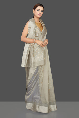 Shop attractive light grey Chanderi silk saree online in USA with silver zari border. Flaunt Indian fashion on special occasions in gorgeous chanderi sarees, pure silk sarees, Banarasi sarees, zari work sarees from Pure Elegance Indian fashion boutique in USA.-side