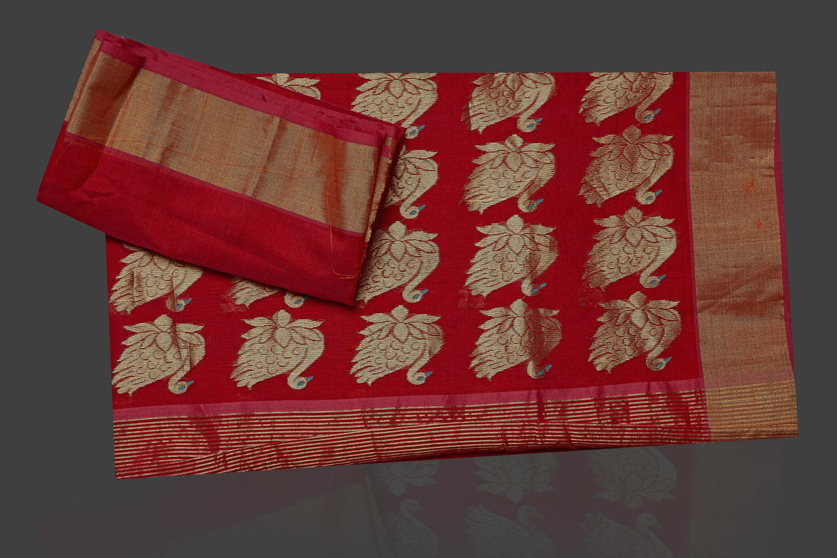 Shop stunning red Chanderi silk saree online in USA with golden zari minakari swan buta and zari border. Flaunt Indian fashion on special occasions in gorgeous chanderi sarees, pure silk sarees, Banarasi sarees, zari work sarees from Pure Elegance Indian fashion boutique in USA.-blouse