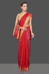 Shop stunning red Chanderi silk saree online in USA with golden zari minakari swan buta and zari border. Flaunt Indian fashion on special occasions in gorgeous chanderi sarees, pure silk sarees, Banarasi sarees, zari work sarees from Pure Elegance Indian fashion boutique in USA.-full view