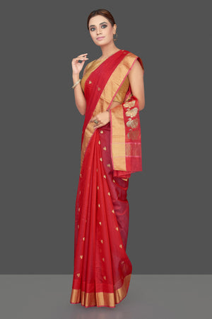 Shop stunning red Chanderi silk saree online in USA with golden zari minakari swan buta and zari border. Flaunt Indian fashion on special occasions in gorgeous chanderi sarees, pure silk sarees, Banarasi sarees, zari work sarees from Pure Elegance Indian fashion boutique in USA.-left