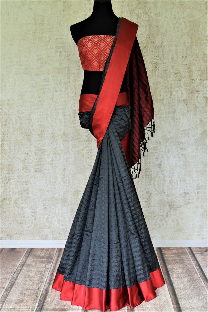 Buy black Bengal tangail silk sari online in USA with red border. Shop beautiful silk saris, pure zari silk saris, handwoven sarees in USA from Pure Elegance Indian fashion store in USA. Shop online now.-full view