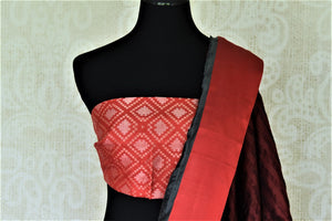 Buy black Bengal tangail silk sari online in USA with red border. Shop beautiful silk saris, pure zari silk saris, handwoven sarees in USA from Pure Elegance Indian fashion store in USA. Shop online now.-blouse pallu