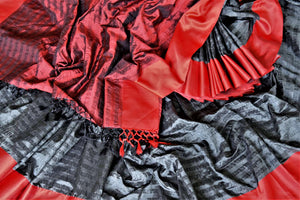 Buy black Bengal tangail silk sari online in USA with red border. Shop beautiful silk saris, pure zari silk saris, handwoven sarees in USA from Pure Elegance Indian fashion store in USA. Shop online now.-details