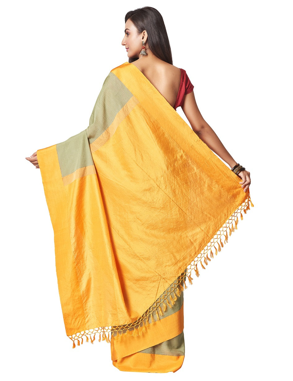 Buy lovely pistachio green silk cotton saree online in USA with solid yellow border. Enhance your festive look with pure silk sarees, embroidered sarees, designer sarees in USA from Pure Elegance Indian clothing store in USA.-back