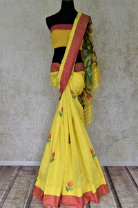 Shop gorgeous yellow matka silk saree online in USA with pink border. Shop handowoven silk sarees, designer saris, linen sarees, embroidered sarees in USA from Pure Elegance Indian saree store in USA.-full view