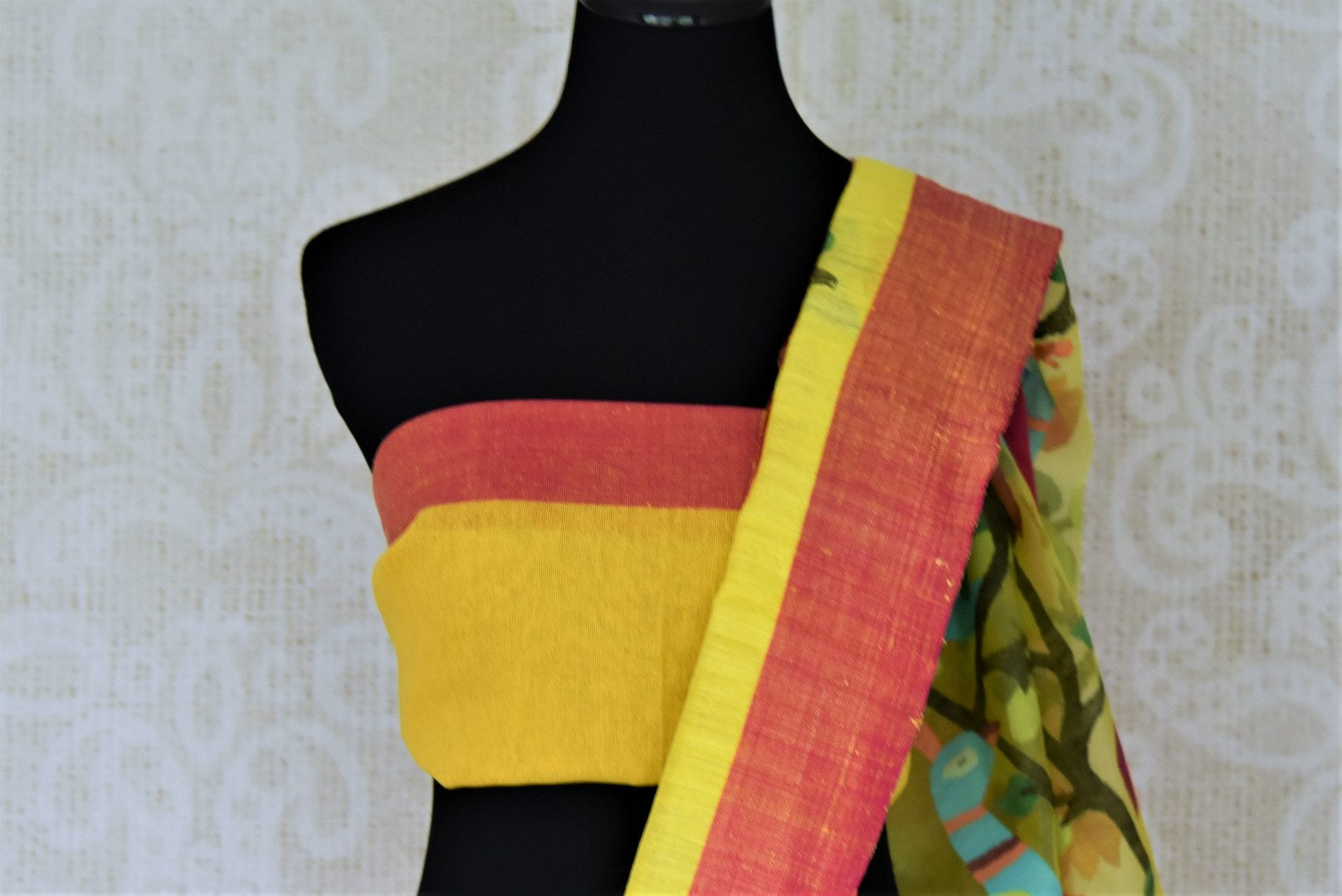 Shop gorgeous yellow matka silk saree online in USA with pink border. Shop handowoven silk sarees, designer saris, linen sarees, embroidered sarees in USA from Pure Elegance Indian saree store in USA.-blouse pallu