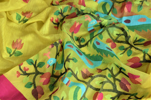Shop gorgeous yellow matka silk saree online in USA with pink border. Shop handowoven silk sarees, designer saris, linen sarees, embroidered sarees in USA from Pure Elegance Indian saree store in USA.-details
