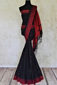 Buy beautiful black cotton mulmul saree online in USA with red weave pallu. Shop stunning handwoven sarees, cotton saris, linen sarees from Pure Elegance Indian fashion store in USA.-full view