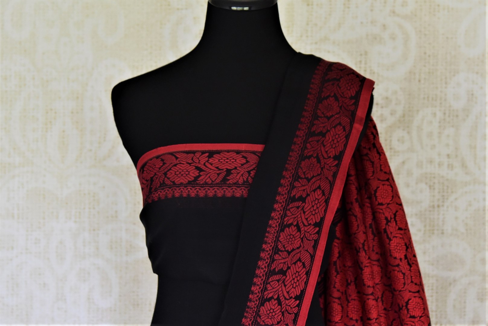 Buy beautiful black cotton mulmul saree online in USA with red weave pallu. Shop stunning handwoven sarees, cotton saris, linen sarees from Pure Elegance Indian fashion store in USA.-blouse pallu