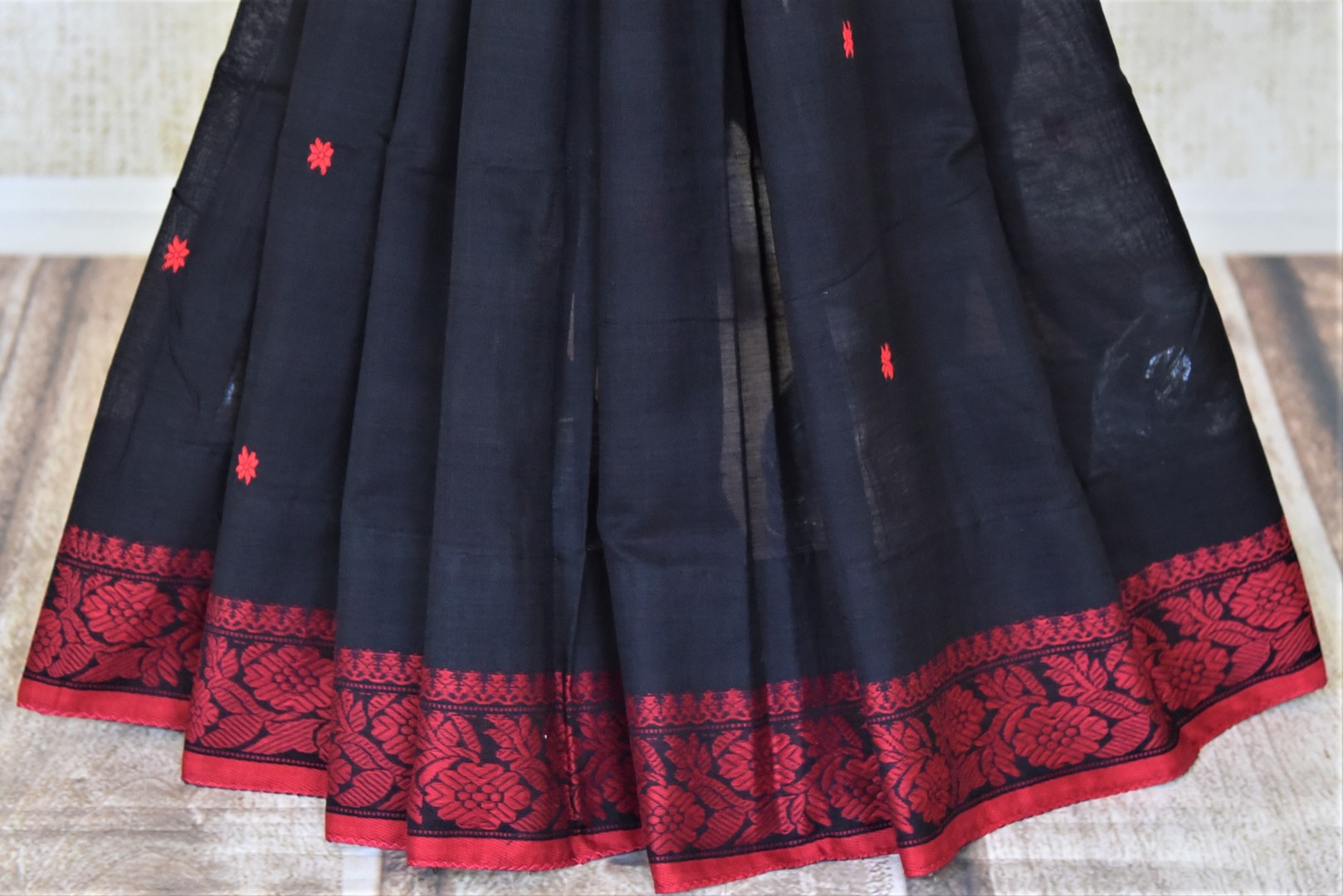 Buy beautiful black cotton mulmul saree online in USA with red weave pallu. Shop stunning handwoven sarees, cotton saris, linen sarees from Pure Elegance Indian fashion store in USA.-pleats