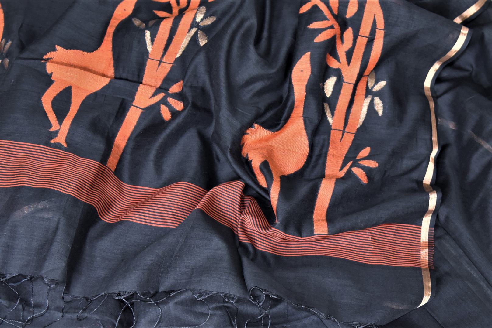 Shop gorgeous black cotton silk saree online in USA with weave pallu. Shop handowoven silk sarees, designer sarees, linen sarees, embroidered sarees in USA from Pure Elegance Indian saree store in USA.-details