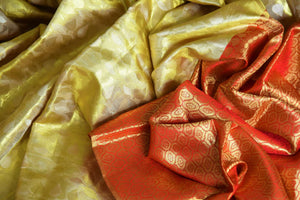 Buy beautiful cream and golden Kanjeevaram sari online in USA with red zari pallu. Look beautiful on special occasions with beautiful Kanjivaram silk sarees, pure silk saris, soft silk sarees, handwoven silk sarees in from Pure Elegance Indian saree store in USA.-details