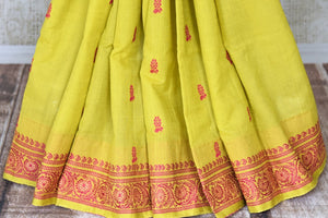 Buy stunning pistachio green Baluchari cotton sari online in USA. Look beautiful on special occasions with beautiful Jamdani sarees, cotton sarees, soft silk sarees, handwoven sarees in from Pure Elegance Indian saree store in USA.-pleats
