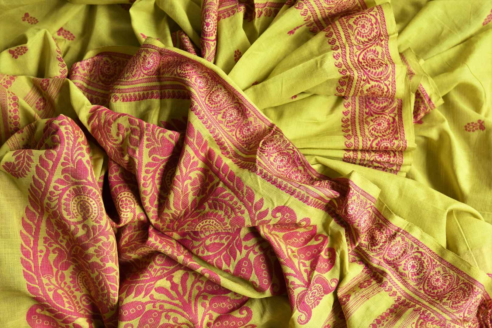 Buy stunning pistachio green Baluchari cotton sari online in USA. Look beautiful on special occasions with beautiful Jamdani sarees, cotton sarees, soft silk sarees, handwoven sarees in from Pure Elegance Indian saree store in USA.-details
