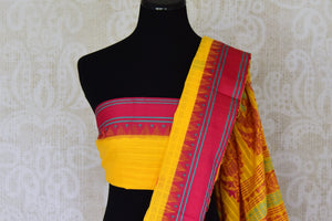 Buy beautiful yellow Bengal cotton saree online in USA with pink border. Look beautiful on special occasions with exquisite Jamdani sarees, cotton sarees, soft silk sarees, handwoven sarees in from Pure Elegance Indian saree store in USA.-blouse pallu