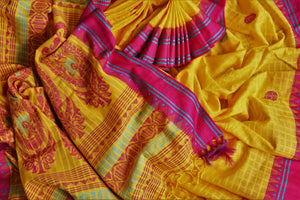 Buy beautiful yellow Bengal cotton saree online in USA with pink border. Look beautiful on special occasions with exquisite Jamdani sarees, cotton sarees, soft silk sarees, handwoven sarees in from Pure Elegance Indian saree store in USA.-details