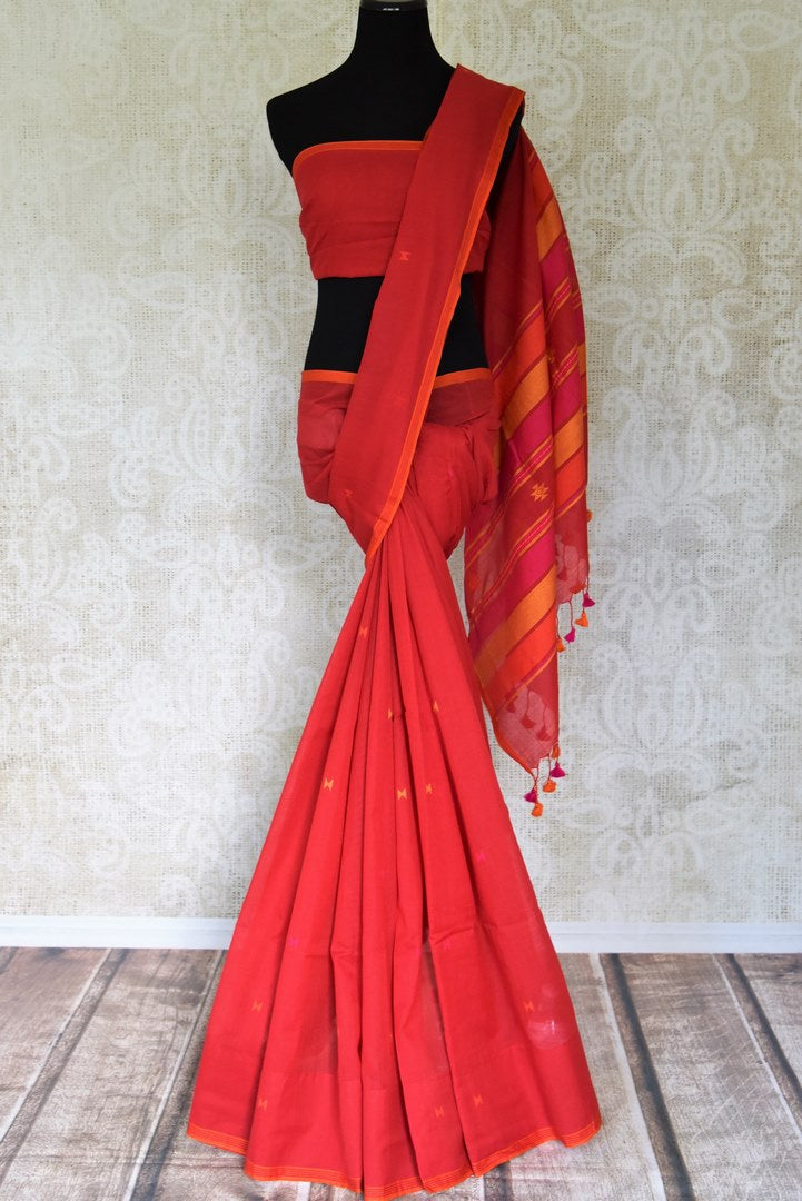 Shop stunning red Bengal cotton saree online in USA. Look beautiful on special occasions with exquisite Jamdani sarees, cotton sarees, soft silk sarees, handwoven sarees in from Pure Elegance Indian saree store in USA.-full view