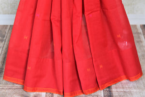 Shop stunning red Bengal cotton saree online in USA. Look beautiful on special occasions with exquisite Jamdani sarees, cotton sarees, soft silk sarees, handwoven sarees in from Pure Elegance Indian saree store in USA.-pleats