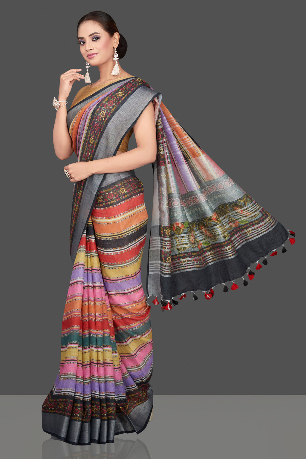 Shop beautiful multicolor striped linen sari online in USA. Look glamorous at parties and weddings in stunning designer sarees, embroidered sarees, fancy sarees, Bollywood sarees, linen sarees from Pure Elegance Indian saree store in USA.-full view