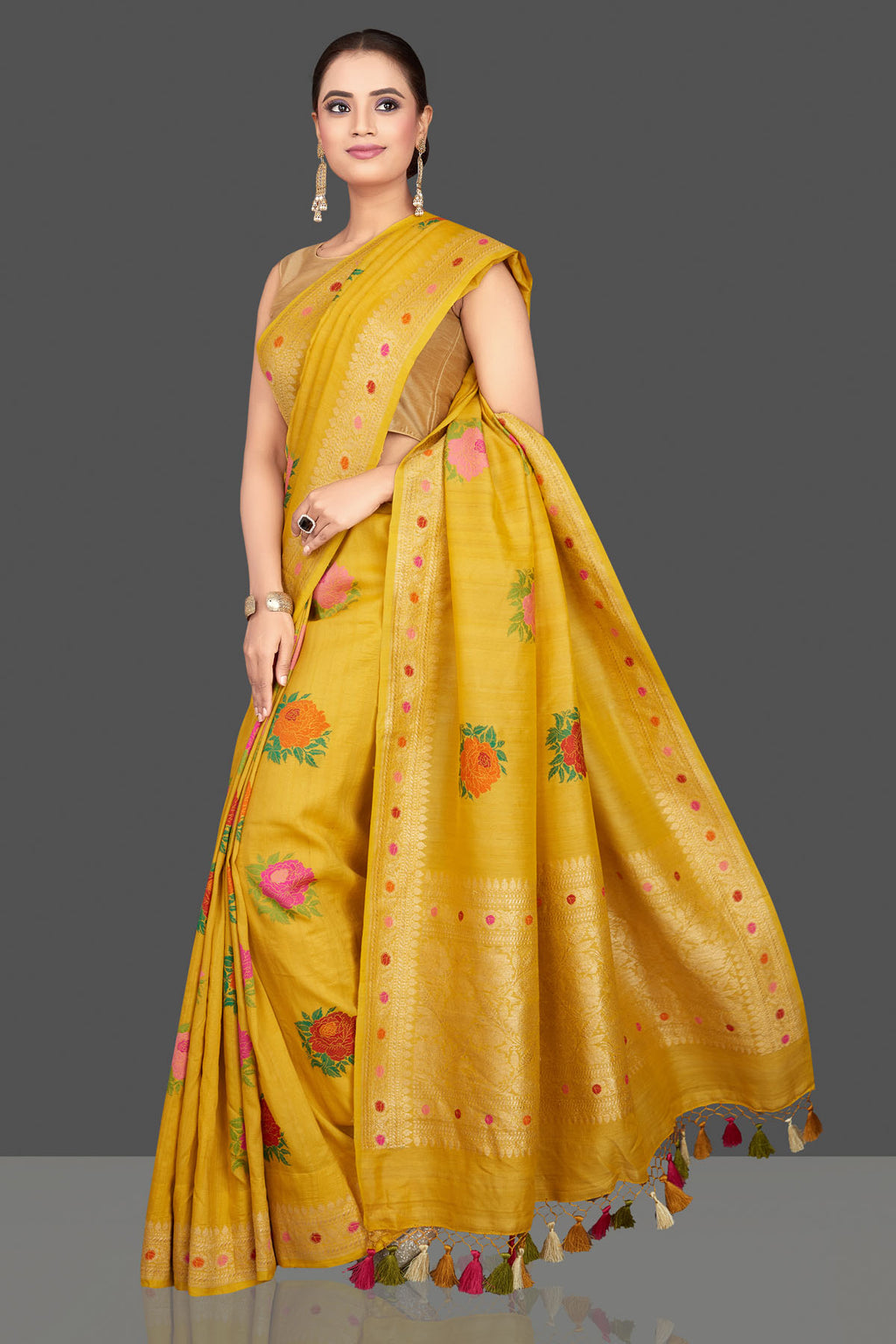 Buy beautiful yellow tussar georgette sari online in USA with floral weave buta and zari border. Look gorgeous on special occasions with exquisite Indian sarees, handwoven sarees, Banarasi sarees, pure silk sarees from Pure Elegance Indian saree store in USA.-full view