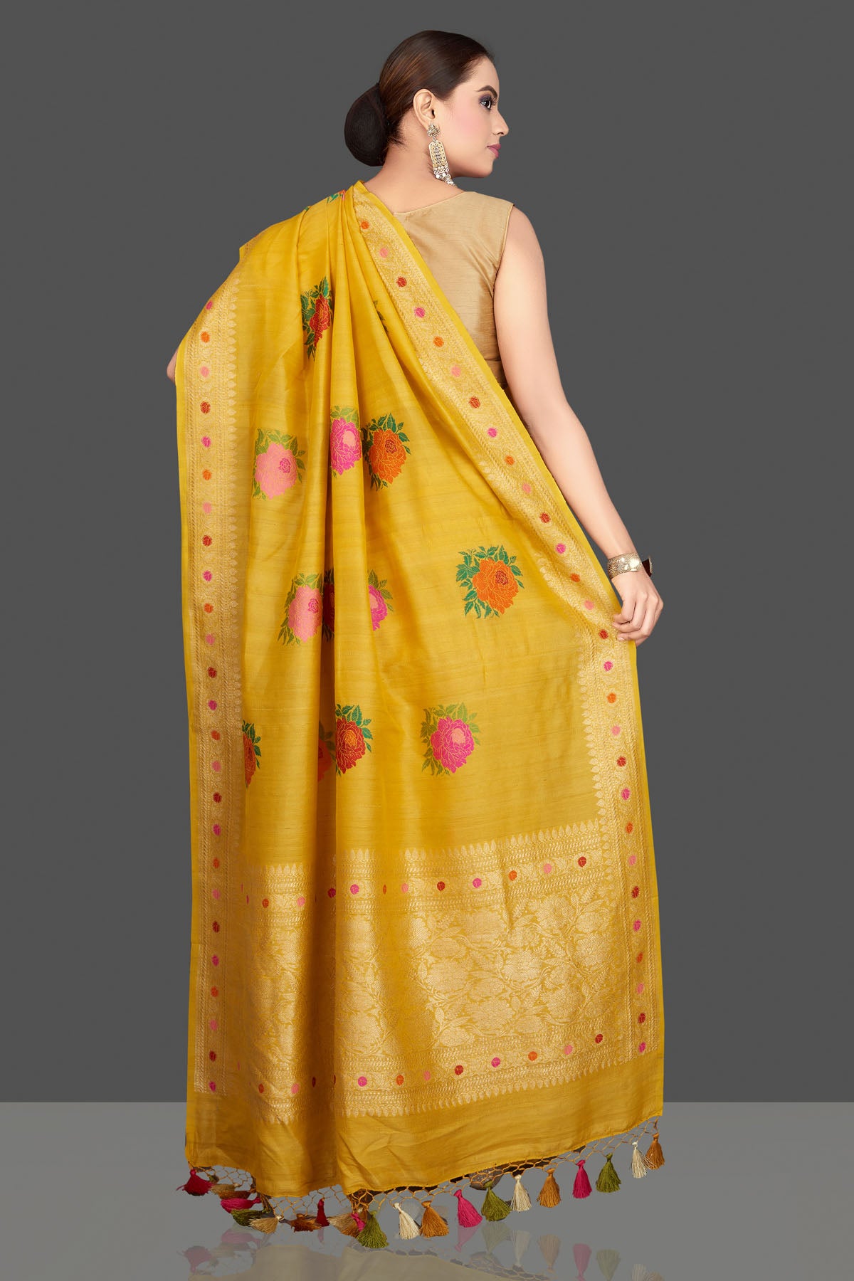 Buy beautiful yellow tussar georgette sari online in USA with floral weave buta and zari border. Look gorgeous on special occasions with exquisite Indian sarees, handwoven sarees, Banarasi sarees, pure silk sarees from Pure Elegance Indian saree store in USA.-back