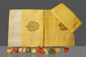 Buy stunning light yellow tussar georgette sari online in USA with tree weave buta and zari border. Look gorgeous on special occasions with exquisite Indian sarees, handwoven sarees, Banarasi sarees, pure silk sarees from Pure Elegance Indian saree store in USA.-blouse