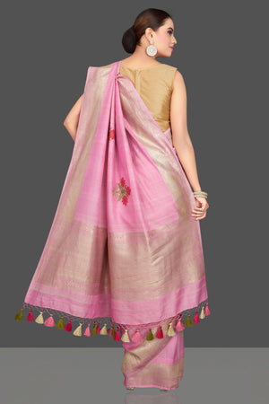 Shop gorgeous light pink tussar georgette sari online in USA with floral weave buta and silver zari border. Look gorgeous on special occasions with exquisite Indian sarees, handwoven sarees, Banarasi sarees, pure silk sarees from Pure Elegance Indian saree store in USA.-back