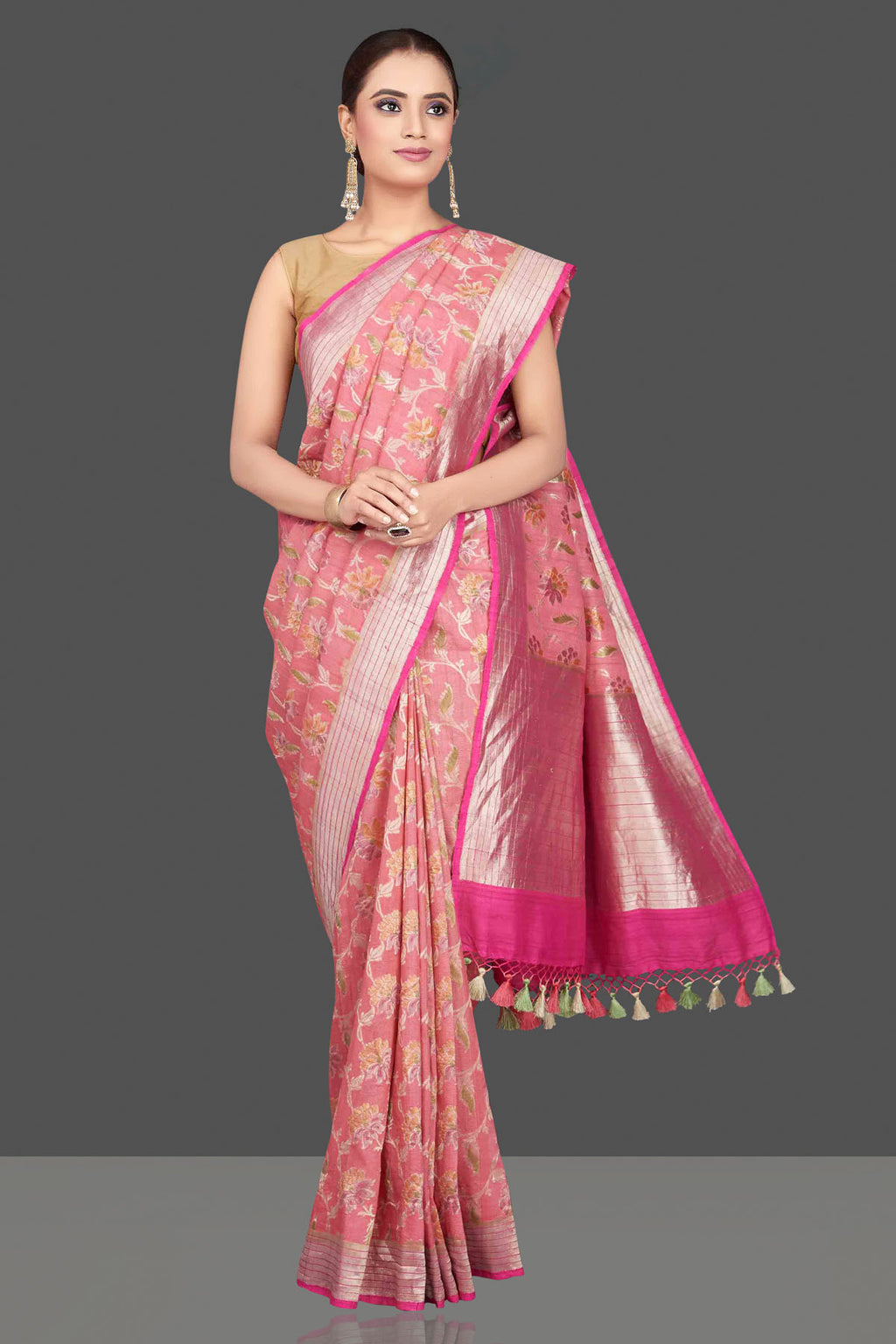 Buy stunning pink tussar georgette saree online in USA with floral zari jaal. Look gorgeous on special occasions with exquisite Indian sarees, handwoven sarees, Banarasi sarees, pure silk sarees from Pure Elegance Indian saree store in USA.-full view