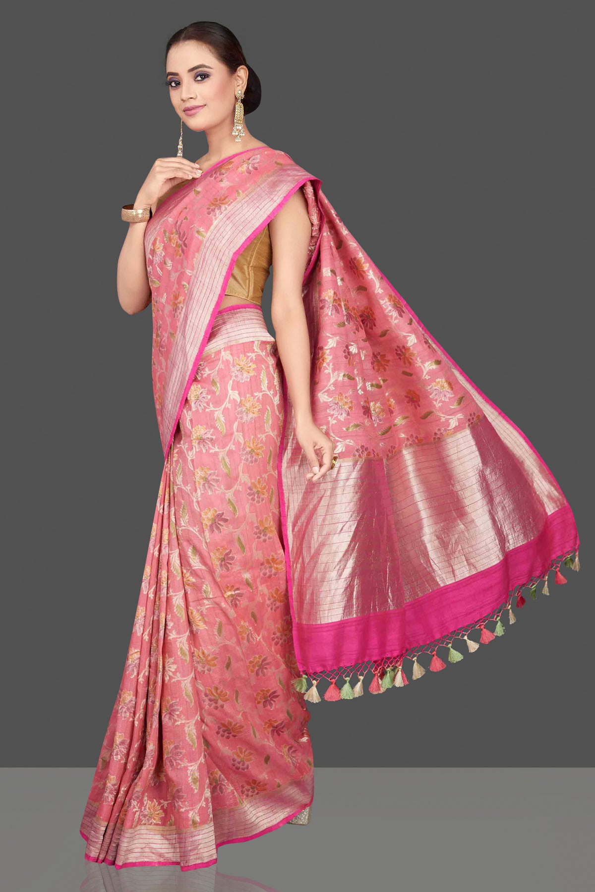 Buy stunning pink tussar georgette saree online in USA with floral zari jaal. Look gorgeous on special occasions with exquisite Indian sarees, handwoven sarees, Banarasi sarees, pure silk sarees from Pure Elegance Indian saree store in USA.-side