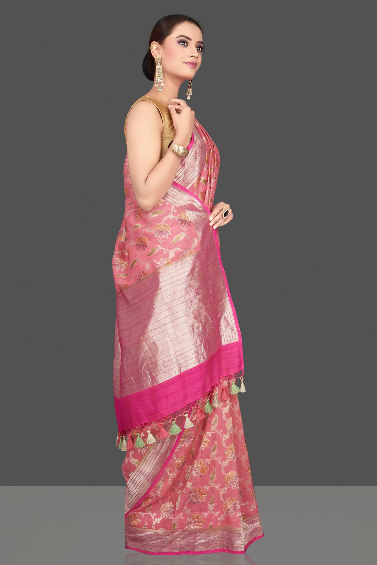 Buy stunning pink tussar georgette saree online in USA with floral zari jaal. Look gorgeous on special occasions with exquisite Indian sarees, handwoven sarees, Banarasi sarees, pure silk sarees from Pure Elegance Indian saree store in USA.-right