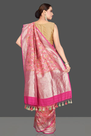 Buy stunning pink tussar georgette saree online in USA with floral zari jaal. Look gorgeous on special occasions with exquisite Indian sarees, handwoven sarees, Banarasi sarees, pure silk sarees from Pure Elegance Indian saree store in USA.-back