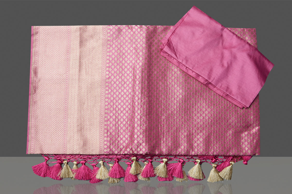 Shop stunning pink silk Katan saree online in USA with overall silver zari work. Look gorgeous on special occasions with exquisite Indian sarees, handwoven sarees, Banarasi sarees, pure silk sarees from Pure Elegance Indian saree store in USA.-blouse