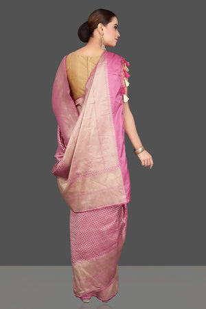 Shop stunning pink silk Katan saree online in USA with overall silver zari work. Look gorgeous on special occasions with exquisite Indian sarees, handwoven sarees, Banarasi sarees, pure silk sarees from Pure Elegance Indian saree store in USA.-back