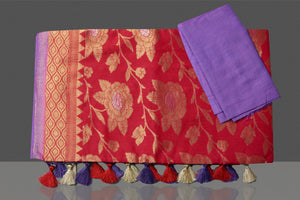 Buy stunning red silk Katan sari online in USA with overall purple zari pallu. Look gorgeous on special occasions with exquisite Indian sarees, handwoven sarees, Banarasi sarees, pure silk sarees from Pure Elegance Indian saree store in USA.-blouse