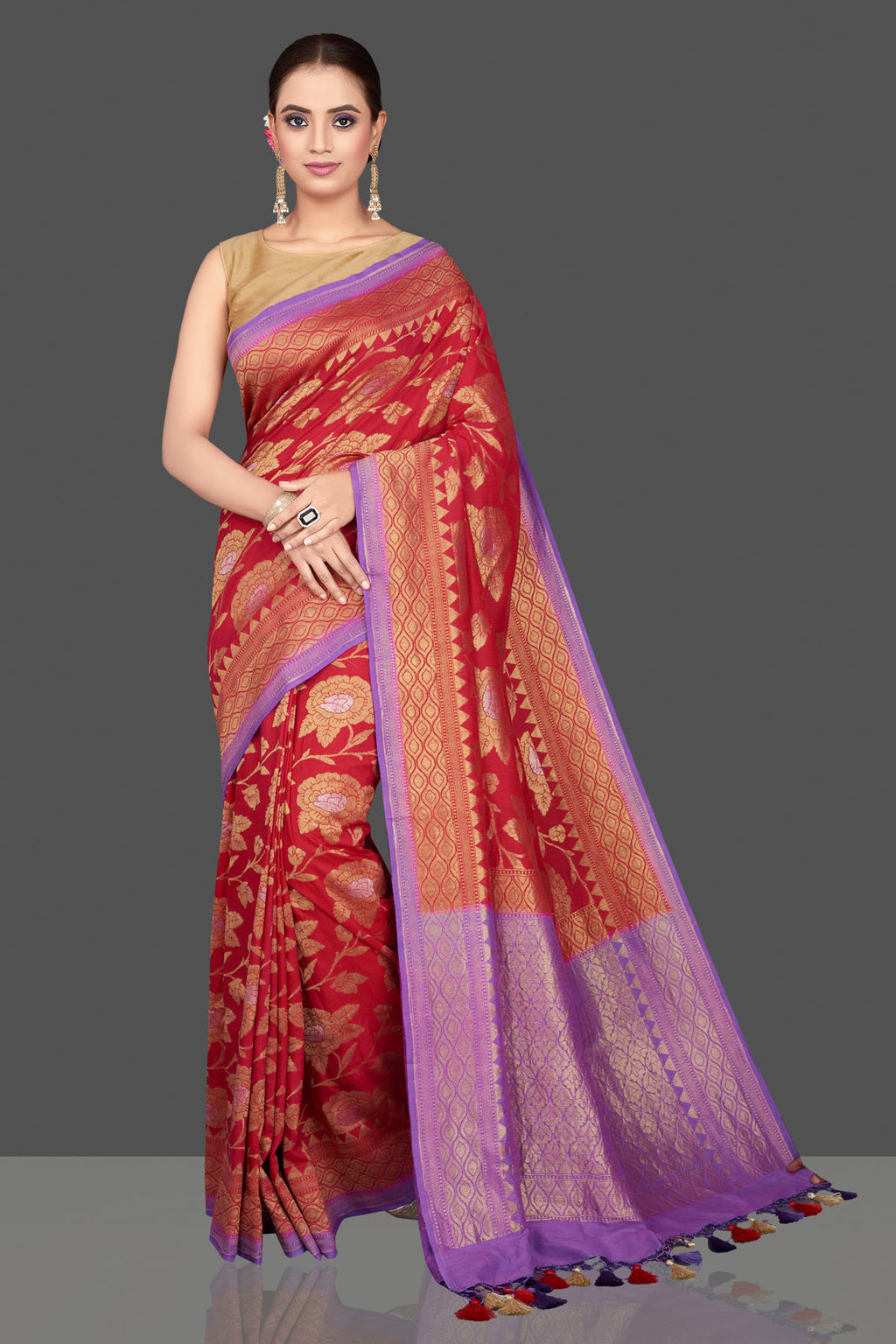 Buy stunning red silk Katan sari online in USA with overall purple zari pallu. Look gorgeous on special occasions with exquisite Indian sarees, handwoven sarees, Banarasi sarees, pure silk sarees from Pure Elegance Indian saree store in USA.-full view