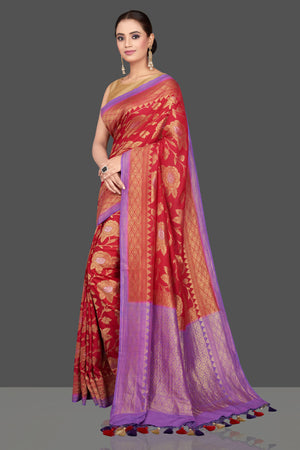 Buy stunning red silk Katan sari online in USA with overall purple zari pallu. Look gorgeous on special occasions with exquisite Indian sarees, handwoven sarees, Banarasi sarees, pure silk sarees from Pure Elegance Indian saree store in USA.-pallu