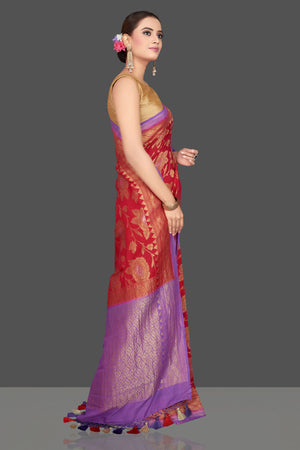 Buy stunning red silk Katan sari online in USA with overall purple zari pallu. Look gorgeous on special occasions with exquisite Indian sarees, handwoven sarees, Banarasi sarees, pure silk sarees from Pure Elegance Indian saree store in USA.-side