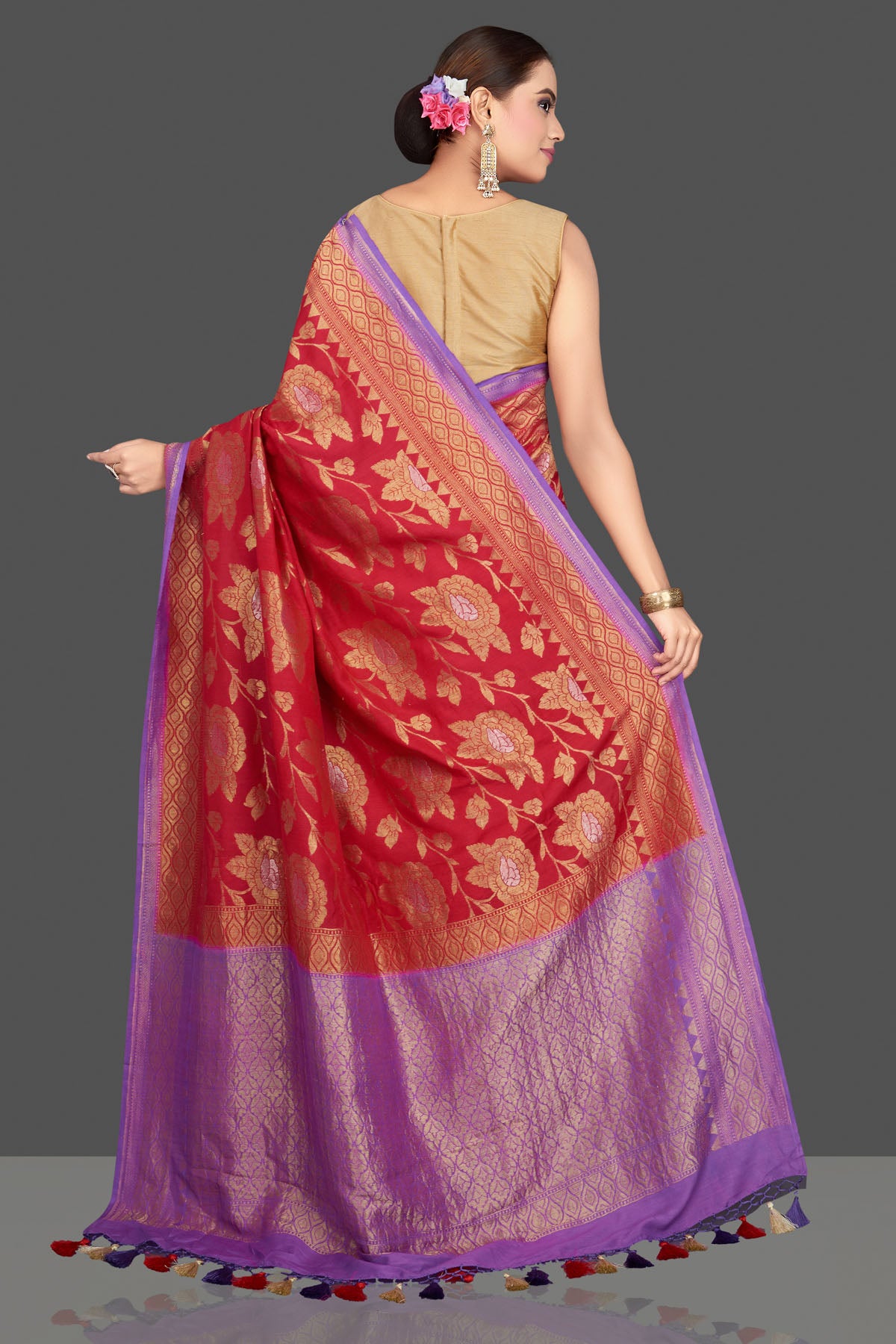 Buy stunning red silk Katan sari online in USA with overall purple zari pallu. Look gorgeous on special occasions with exquisite Indian sarees, handwoven sarees, Banarasi sarees, pure silk sarees from Pure Elegance Indian saree store in USA.-back