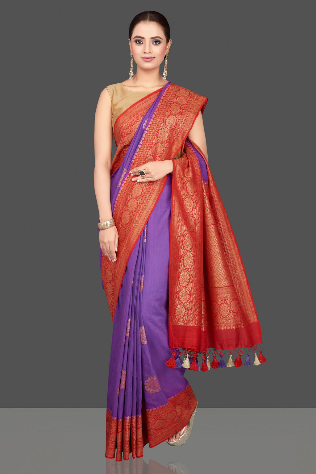 Shop gorgeous purple silk Katan sari online in USA with red zari pallu. Look gorgeous on special occasions with exquisite Indian sarees, handwoven sarees, Banarasi sarees, pure silk sarees from Pure Elegance Indian saree store in USA.-full view