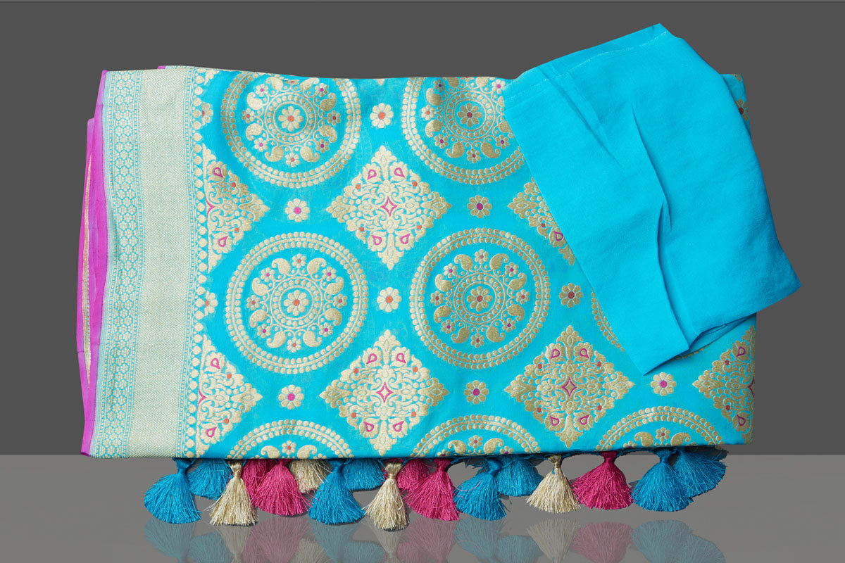 Buy stunning turquoise blue Katan silk sari online in USA with overall zari wprk. Look gorgeous on special occasions with exquisite Indian sarees, handwoven sarees, Banarasi sarees, pure silk sarees from Pure Elegance Indian saree store in USA.-blouse