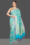 Buy stunning turquoise blue Katan silk sari online in USA with overall zari wprk. Look gorgeous on special occasions with exquisite Indian sarees, handwoven sarees, Banarasi sarees, pure silk sarees from Pure Elegance Indian saree store in USA.-full view