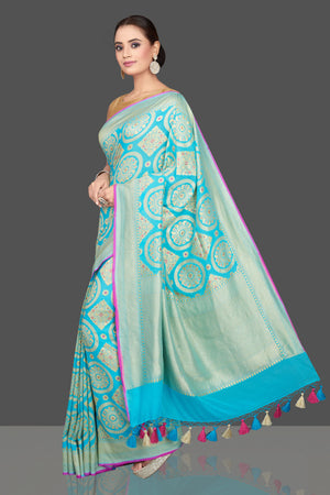 Buy stunning turquoise blue Katan silk sari online in USA with overall zari wprk. Look gorgeous on special occasions with exquisite Indian sarees, handwoven sarees, Banarasi sarees, pure silk sarees from Pure Elegance Indian saree store in USA.-pallu