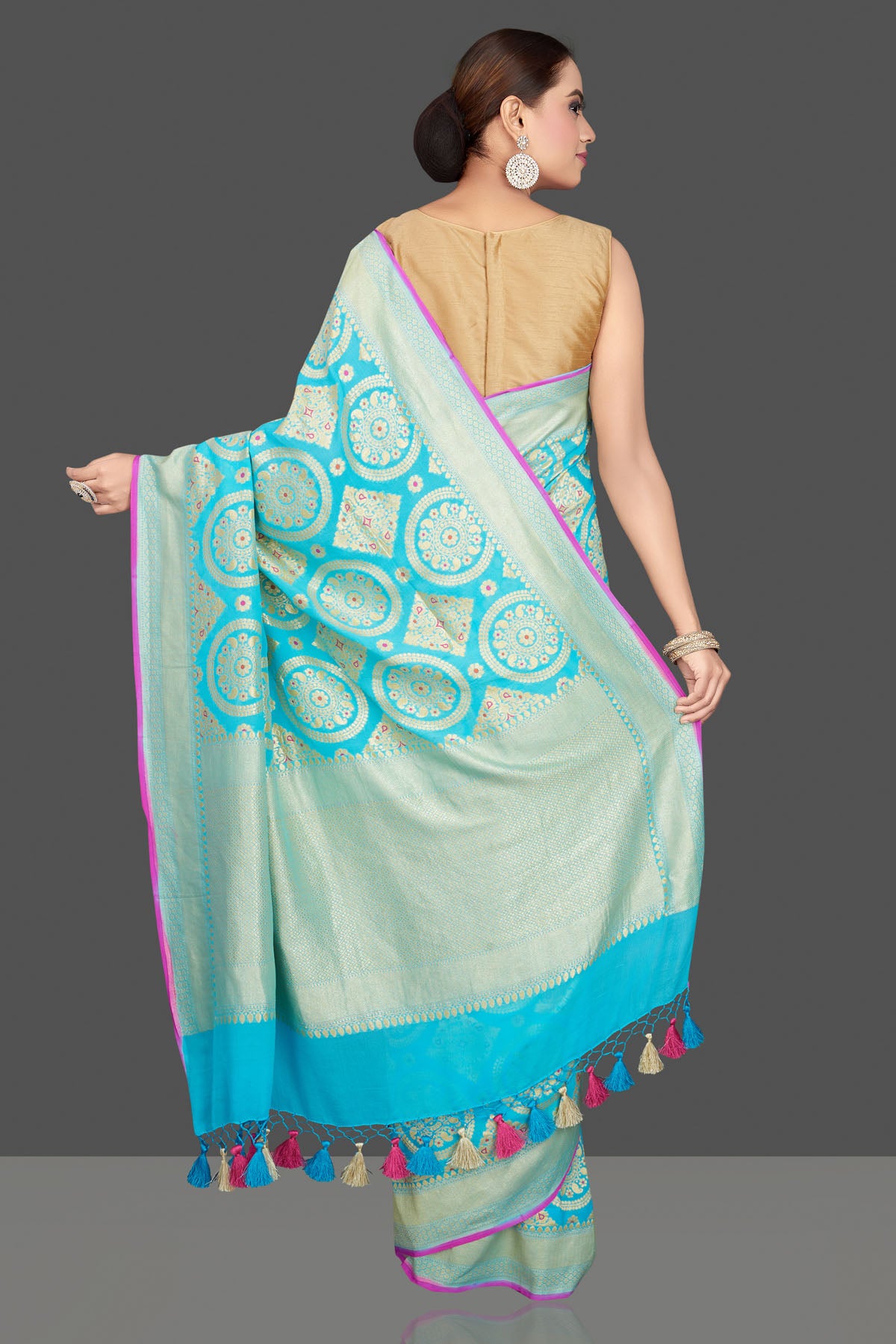 Buy stunning turquoise blue Katan silk sari online in USA with overall zari wprk. Look gorgeous on special occasions with exquisite Indian sarees, handwoven sarees, Banarasi sarees, pure silk sarees from Pure Elegance Indian saree store in USA.-back