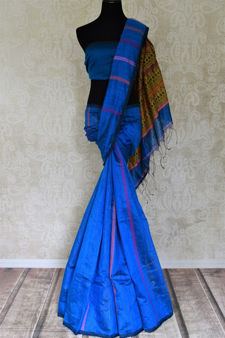 Buy gorgeous indigo blue matka silk sari online in USA with weave pallu. Look gorgeous on special occasions with exquisite Indian sarees, handwoven sarees, Banarasi sarees, pure silk sarees from Pure Elegance Indian saree store in USA.-full view