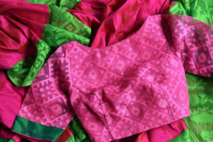 Buy gorgeous pink raw silk sari online in USA with green Jamdani border and saree blouse. Shop beautiful handwoven saris, chanderi sarees, Maheshwari sarees, pure silk sarees, Banarasi sarees online in USA from Pure Elegance Indian fashion store.-details