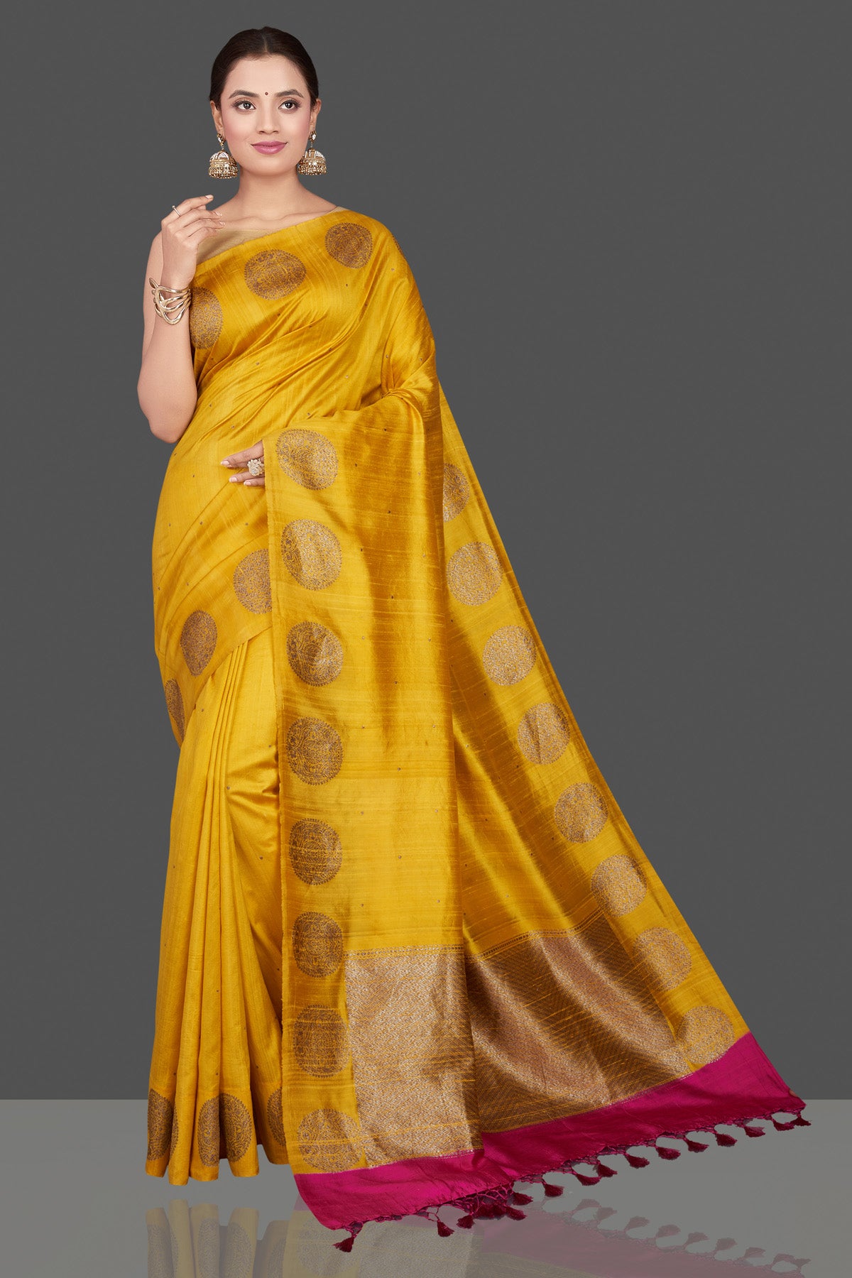 Shop gorgeous yellow tussar Banarasi saree online in USA with zari buta border. Go for stunning Indian designer sarees, georgette sarees, handwoven saris, embroidered sarees for festive occasions and weddings from Pure Elegance Indian clothing store in USA.-full view