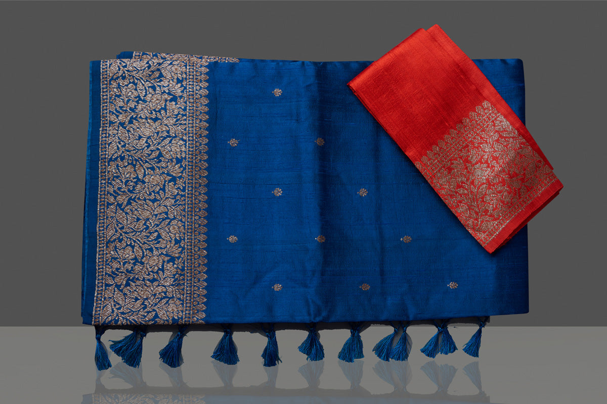 Buy stunning dark blue tussar Banarasi saree online in USA with antique zari buta border. Go for stunning Indian designer sarees, georgette sarees, handwoven saris, embroidered sarees for festive occasions and weddings from Pure Elegance Indian clothing store in USA.-blouse